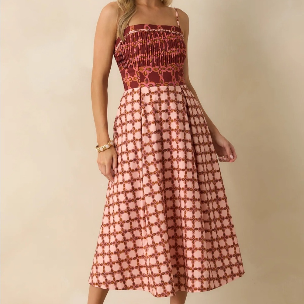 Smocked Bodice Pink Patterned Midi Dress from Red Dress - Picture 6 of 13